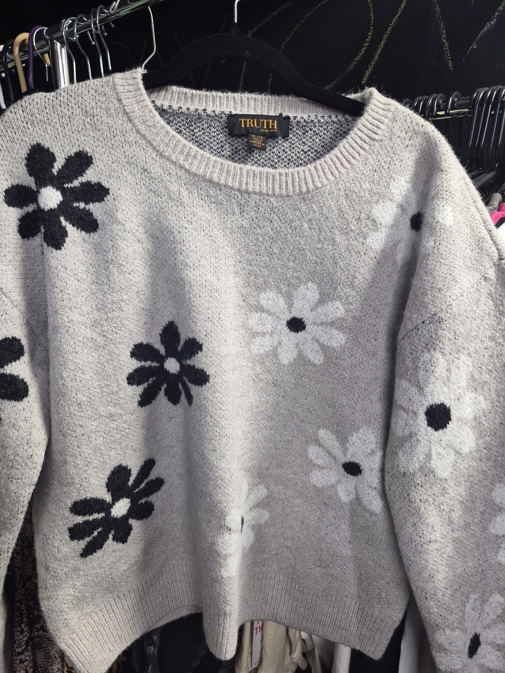 Truth Floral Crewneck Sweater in Light Gray, Black and White
